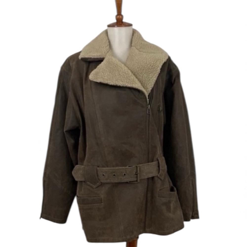 90s Suede Leather Jacket Women’s S Faux Sherpa Moto Y2K‎ MODA International